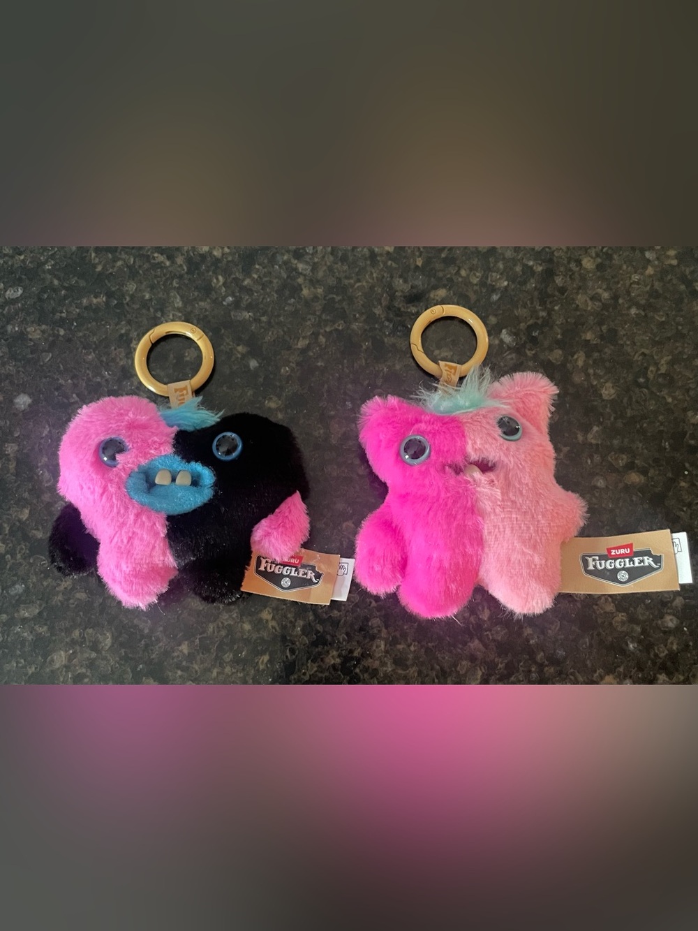 Set of 2 Fuggler keychains. Baby Pinkles "Hearty McFarty" & “Wide Eyed Screech.”